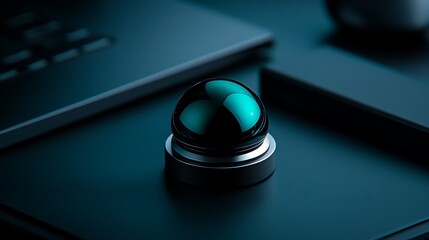 Dark teal sphere on dark surface, futuristic tech background, security concept, website banner