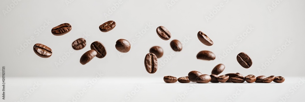 Poster roasted coffee beans are levitating and falling on a white background, creating a dynamic and visual