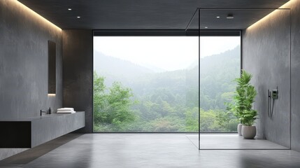 Fototapeta premium A sleek grey hotel bathroom featuring a glass shower and a large panoramic window, offering a modern and luxurious atmosphere.