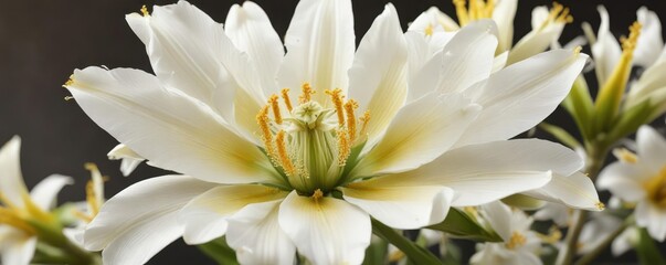 Banana blossom with delicate white petals and golden yellow center, greenery, nature landscape, garden