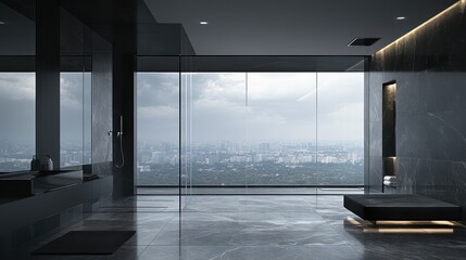 Fototapeta premium A sleek grey hotel bathroom featuring a glass shower and a large panoramic window, offering a modern and luxurious atmosphere.