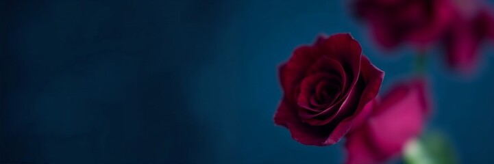 Naklejka premium Close-up of a red rose with soft focus on a dark blue background