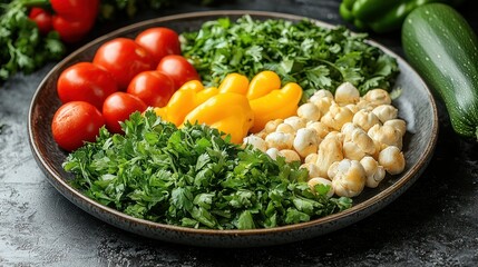Vibrant Veggie Platter: A Colorful Array of Fresh Tomatoes, Parsley, Yellow Peppers, and Creamy Mozzarella Balls