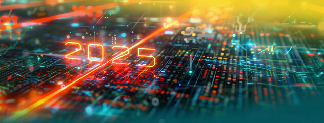 Obraz premium Futuristic banner concept with glowing neon lights of numbers 2025, digital space background, modern aesthetic of new technology.