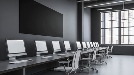 A sleek grey office interior features a row of desks equipped with PC computers, and a large window providing natural light.