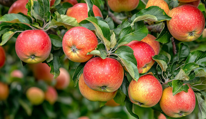 Obraz premium Red apples on an apple tree in an orchard