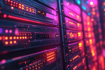 Naklejka premium Close-up View of Illuminated Server Racks in a Data Center with Vibrant Colors