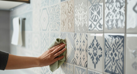 Woman cleaning kitchen or bathroom wall tiles with microfiber cloth, household chores concept