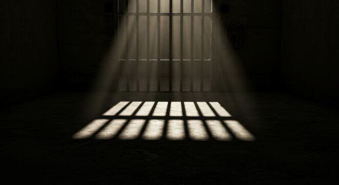 Dramatic shadows cast by sunlight through iron bars, highlighting the bleakness of a prison cell.
