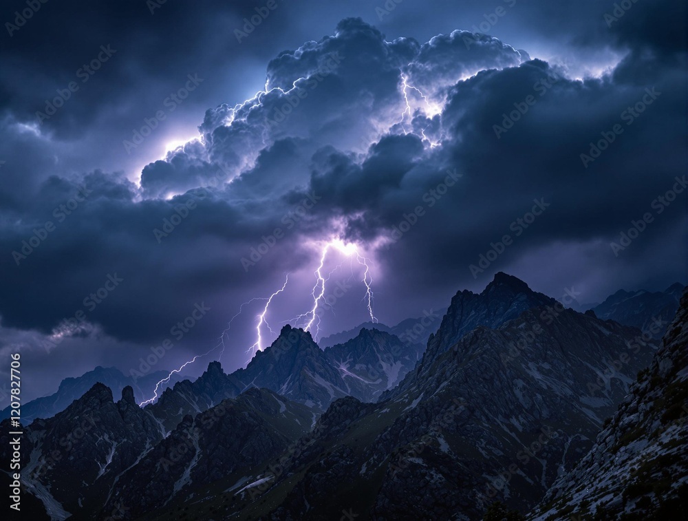 Poster a dramatic and intense photo of lightning flashing through a thundercloud over a mountain range, wit
