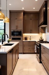 Fototapeta premium Contemporary 2025 Mocha Mousse color, Mocha Mousse chocolate shades. Elegant and cozy kitchen design with marble countertops and gold elements