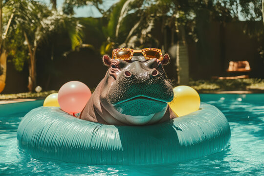 Humorous hippo wearing sunglasses lounging on a pool float surrounded by balloons in a sunny tropical setting.