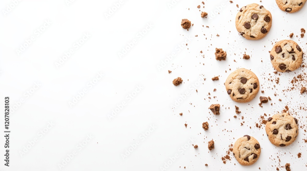 Aufkleber Chocolate chip cookies are crumbling on a white background, creating a visually appealing arrangement with ample copy space for text or design elements