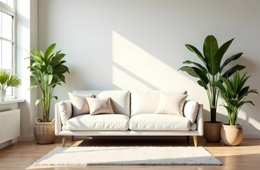 Naklejka premium Cozy living room with comfortable sofa, decorative pillows, table and flowers in 2025 tones - Mocha Mousse