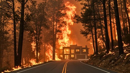 Raging Forest Fire Engulfing a House in Flames