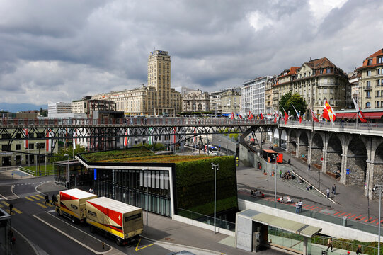 Subway station, Grand-Pont, elevator and footbridge in Le Flon district with the Bel-Air Tower in background, Lausanne, Canton of Vaud, Switzerland