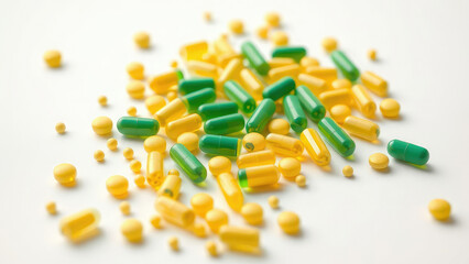 Close-up of yellow and green pills strewn on a clean white backdrop, illness, dose, medicine, medication, health
