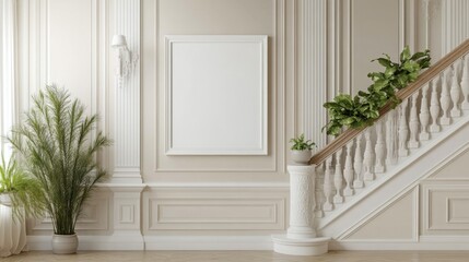 Elegant staircase area featuring large white mockup frame and lush greenery in stylish interior design setting