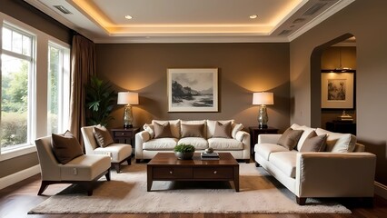 Fototapeta premium Living room interior in Mocha mousse tones, minimalist design hallway, home concept, sofa, modern house