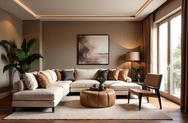 Fototapeta premium Living room interior in Mocha mousse tones, minimalist design hallway, home concept, sofa, modern house