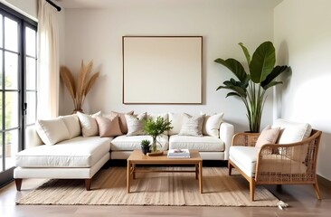 Boho bedroom interior. Wooden photo frame layout on old bedside table. Vase with dry grass Bed linen made of beige linen