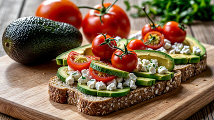 Sandwiches on grain bread with cottage cheese, avocado and cherry tomatoes