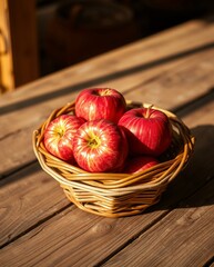Freshly Harvested Red Apples in a Woven Basket on Wooden Table