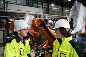 Engineer Caucasian male and female checking a robot arm with a digital tablet	