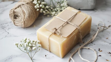 A single bar of natural soap wrapped in kraft paper with a blank label, sitting next to dried flowers and a bundle of twine, ready for eco-conscious gift packaging