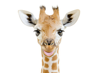 Fototapeta premium Playful giraffe portrait, close-up, sticking tongue out, isolated on white background, adorable, funny, wild animal.