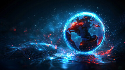 A high-tech blue and red digital globe surrounded by dynamic light patterns, symbolizing global connectivity in a modern design.