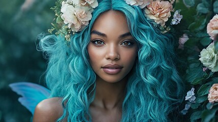 A fantasy portrait of a woman with teal hair and wings standing in front of greenery.
