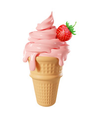 Strawberry ice cream. Waffle crispy cone with pink dripping melted ice cream Strawberry dessert with whipped cream. 3d realistic vector illustration