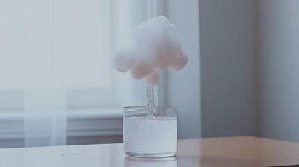 A surreal composition of a small cloud floating above a glass of water, representing creativity, imagination, and conceptual storytelling in modern artistic expression.