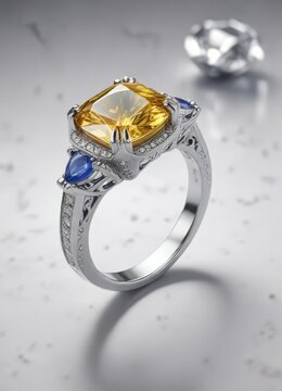 Anillo de platino con un diamante amarillo y zafiro en un fondo de gemas blancas, anillo de diamante, anillo de zafiro