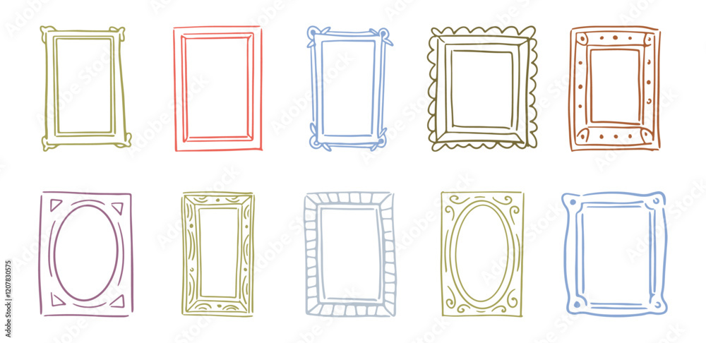 Poster Square geometric frames, hand drawn borders with ornaments and swirls embellishment. Vector isolated doodle photo or picture containers with copy space. Retro badges blank empty templates