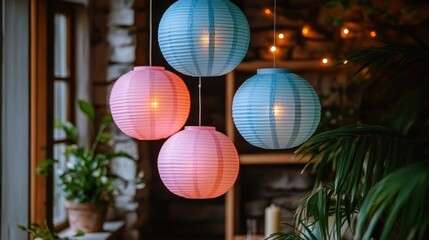 Serene Hanging Lanterns Illuminating Cozy Interior