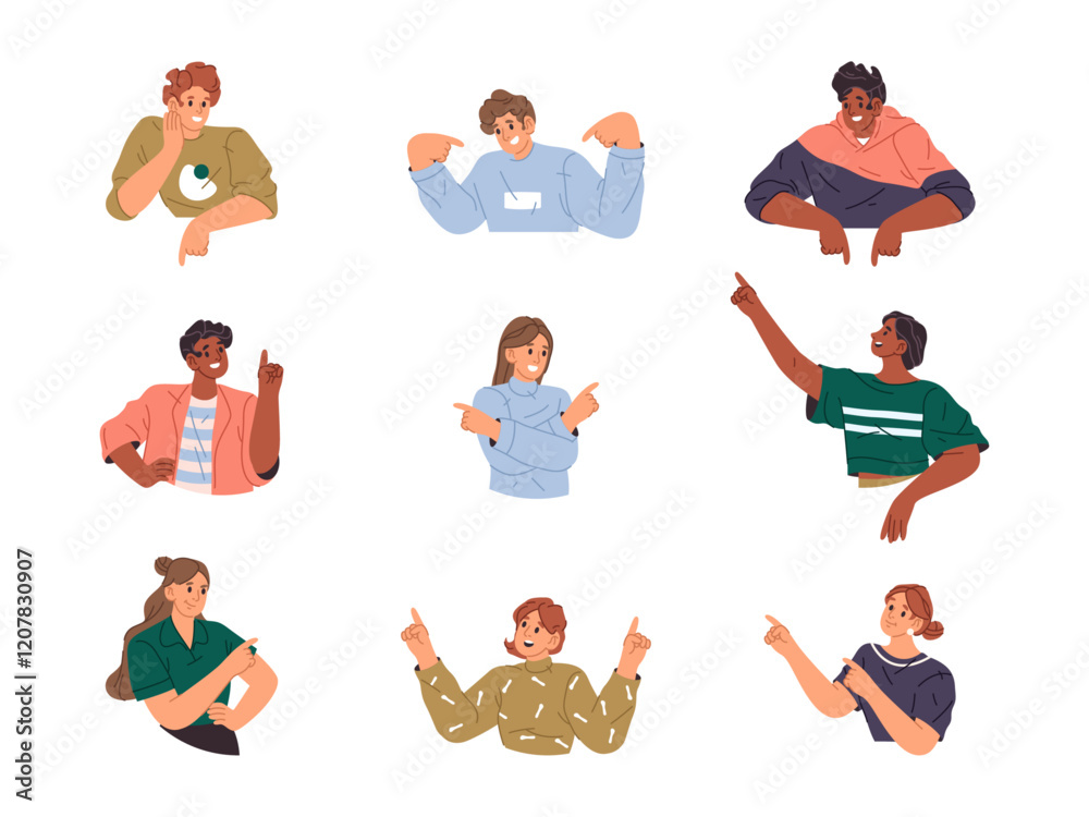 Poster young diverse people pointing fingers at different direction, showing or pointing. vector isolated s