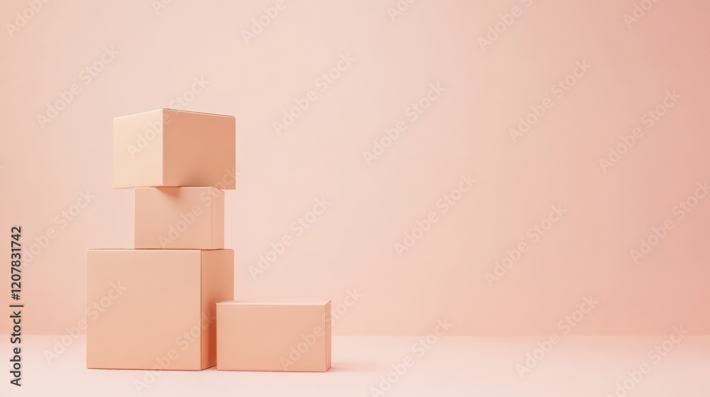 Aufkleber Four levitating cardboard boxes of different sizes are stacked on a pink background, creating a visually appealing and minimalist composition with ample copy space