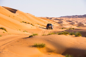 Four-wheel drive vehicle in the Sharqiya Sands, formerly Wahiba Sands, desert region, Sultanate of Oman, Arabian Peninsula