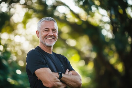 Confident mature man smiling outdoors, surrounded by soft green foliage and natural light, exuding positivity and health in a casual setting - Powered by Adobe