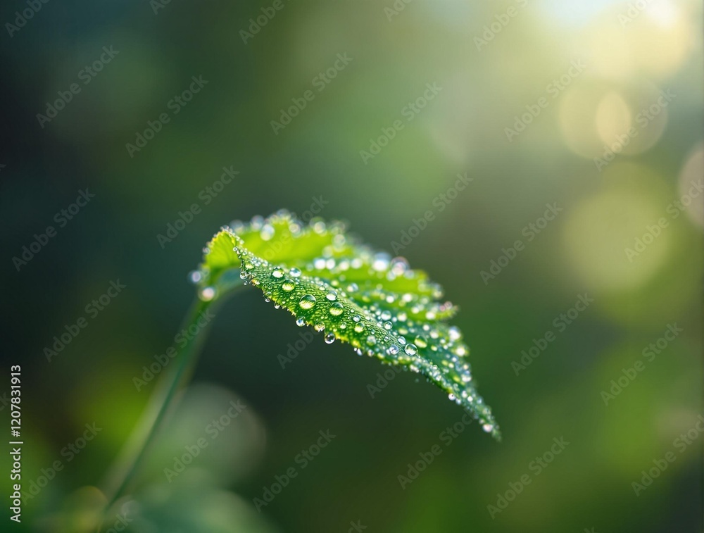 Poster a green leaf with dew drops on it, set against a blurred background with a bokeh effect.