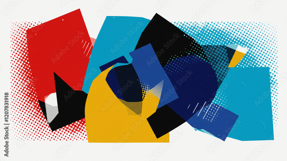 Poster a collection of abstract halftone patterns featuring a white background, presented in three distinct