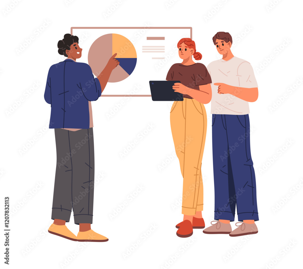 Aufkleber Employees working on project tasks. Vector isolated people showing presentation and thinking on possible business model success. Pitch or brainstorming, teamwork or consultation of specialist