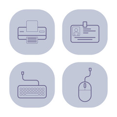 Collection of simple line icons depicting office equipment including printer, ID card, keyboard, and mouse. Ideal for business-related graphic design projects