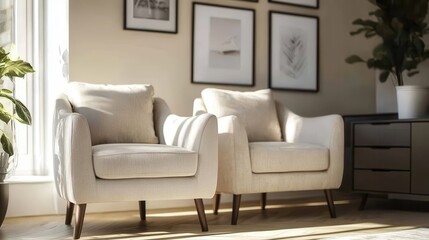 Fototapeta premium A stylish beige living room interior featuring cozy armchairs, a sleek drawer, and space for gallery posters.