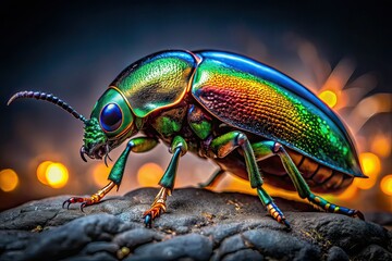 Naklejka premium Iridescent Beetle on Rocks - Night Photography
