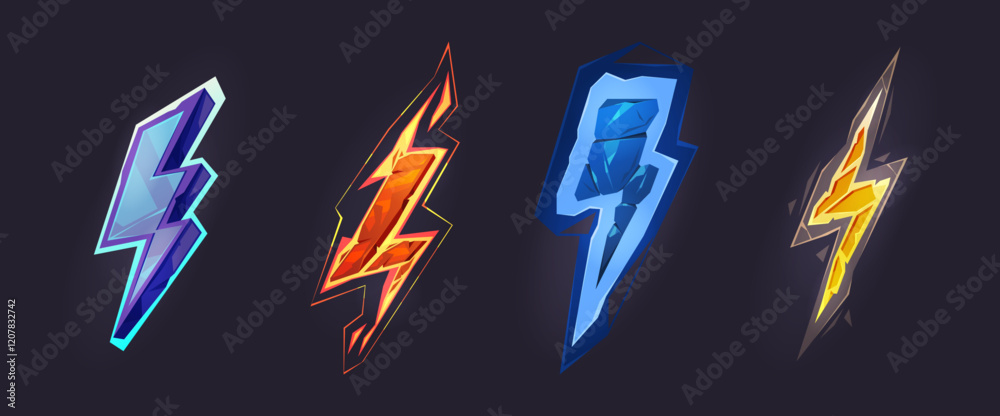 Poster Game asset or anime lightning thunder bolt strike. Vector isolated set of cartoon icons with ice and flame texture. Magical powers or electrical discharge, attack or explosion dynamic motion