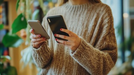Young Woman Holding Two Smartphones in Casual Indoor Setting