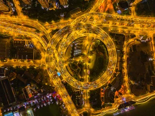 Aerial view of NanPu Bridge at night in Shanghai